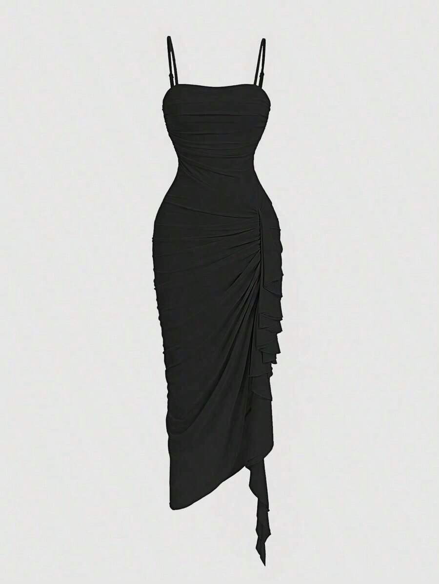 MOD Vestido de mujer con estampado floral romántico, dobladillo con volantes y dobladillo asimétrico, vestidos largos, vestidos de otoño, vestidos de verano, vestido de lechera, vestido verde, vestidos de cumpleaños para mujer, vestidos para fiestas de mujer, Fairycore, vestido para salir, vestido de invitada de boda de otoño, ropa de noche, vestido - Negro 2 - Ver 1