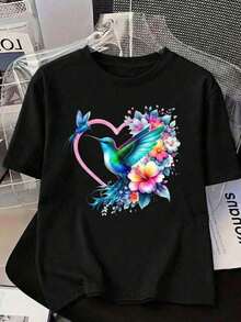 100% cotton Camisa de manga corta casual con cuello redondo para damas, con estampado de colibríes y flores en forma de corazón, de longitud normal - Negro - Ver 11