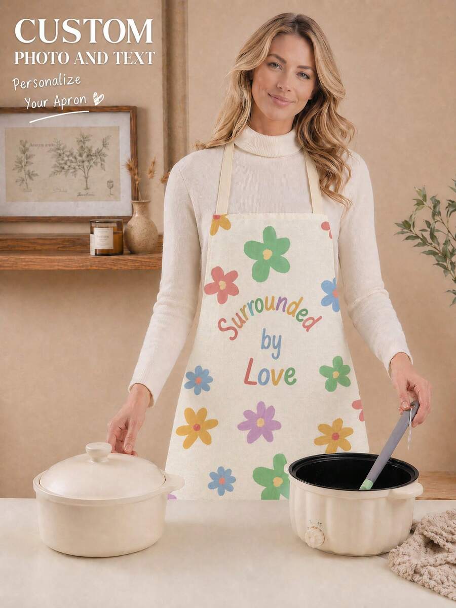 1pc Custom Personalized Text Linen Apron, Men/Women Customized Text Cooking Chef Kitchen Apron, Personalized Kitchen Apron For Family, Friends, Pet Name, Anniversary, Holiday, Father's Day, Valentine's Day, Mother's Day, Birthday, Wedding,Kitchen Accessories, Grill Master Gift - Multicolor - View 1