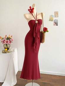 2026 Women's Romantic Gradient Mesh Knit Holiday Dress With Halter Neck, Bow And Decorative Metal Buckle, Mermaid Cut, Suitable For Parties, Dates, Afternoon Tea, Sexy And Elegant - 酒紅色 - 查看 7
