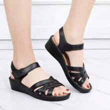 Women's Summer Sandals - Casual Solid Color, Breathable Hollow-Out Design, Hook And Loop Closure, Flat Heel Beach Shoes, Multifunctional Flat Sandals | Comfortable Fit - Black - View 7