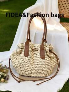 Nuevo bolso de paja de gran capacidad para vacaciones de verano para mujeres, con cierre de cuerda hueca anudada, casual y elegante, versátil, adecuado para la playa, vacaciones y otras ocasiones - Blanco - Ver 5