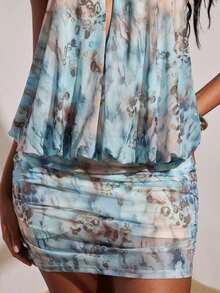 Vestido mini de mujer con estampado de malla de punto y cuello halter, primavera/verano - Verde militar - Ver 6