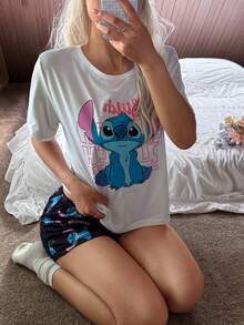 Set Piyama Lengan Pendek dan Celana Pendek Motif Stitch Disney - MultiWarna - View 1