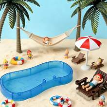 Mini Dollhouse Swimming Pool Model, Swimming Ring, Coconut Tree, Umbrella, Beach Chair, Mini Decorations - Multicolor - View 3