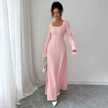 Vestido de manga larga simple de estilo de alta gama, vestido de moda diario para mujeres otoño e invierno - Rosa - Ver 2