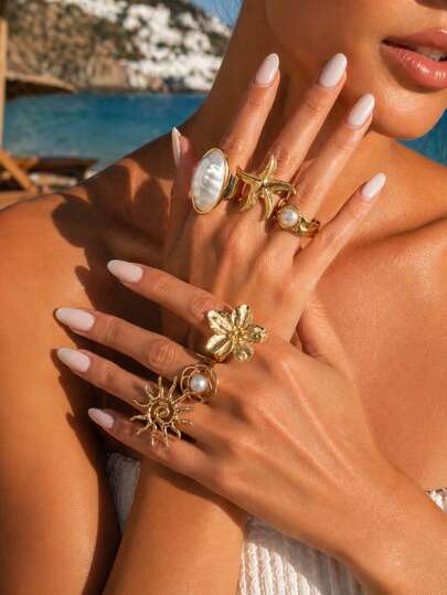 Set de 6 anillos vintage exagerados de estilo barroco con perlas falsas ovaladas, anillos de metal con forma de estrella de mar, espiral y flor, conjunto de joyas de moda para vacaciones de verano en la playa para mujeres