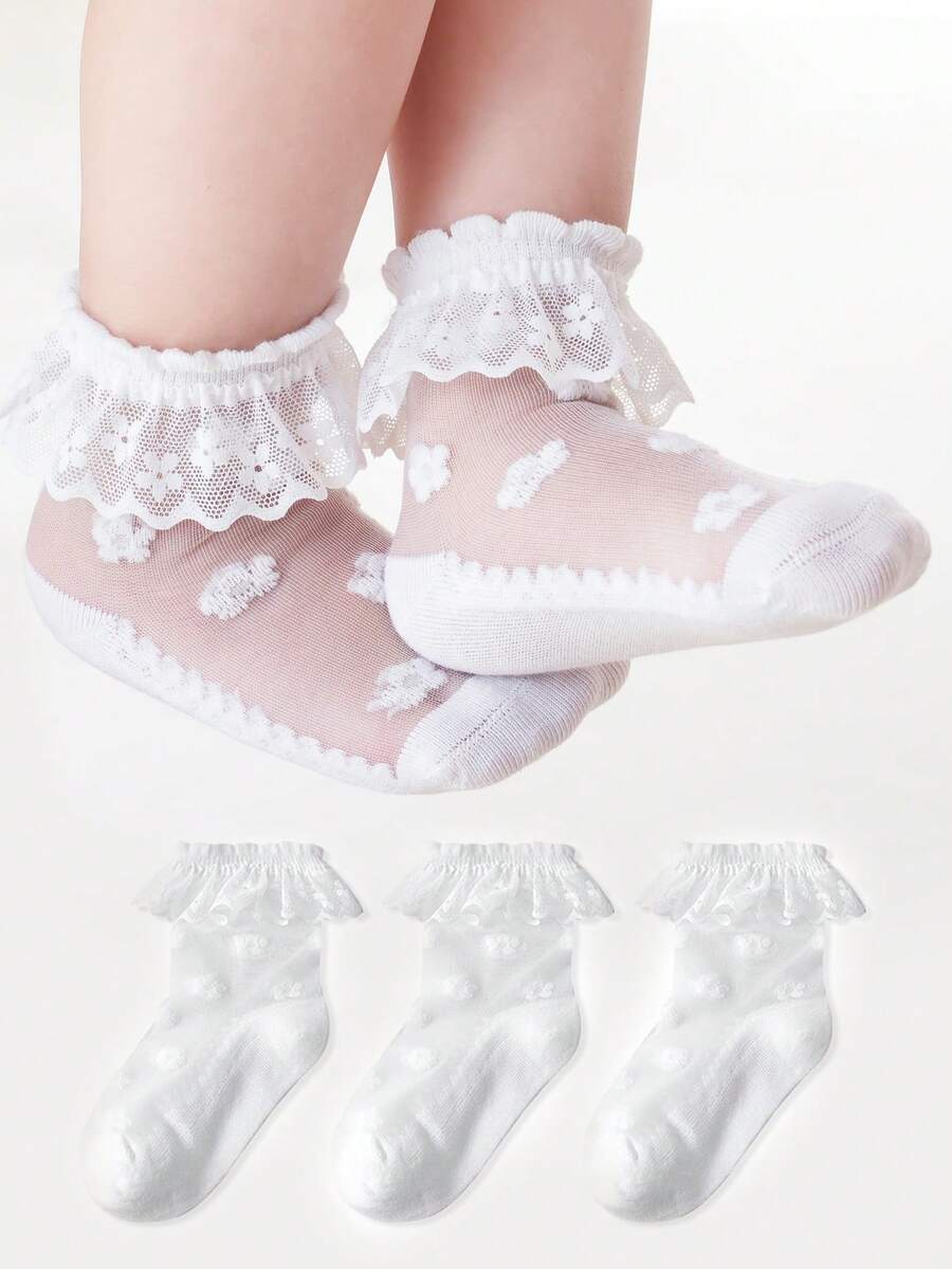 3 Pairs Baby Summer Mesh Socks, Children Breathable Lace Trim Socks, Princess Style Lace Socks - White - View 1