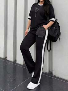 Conjunto de 2 piezas de camiseta de manga corta de cuello redondo y pantalones sueltos de cintura elástica para mujer, uso casual diario, elegante para primavera/otoño y verano - Blanco y Negro - Ver 6