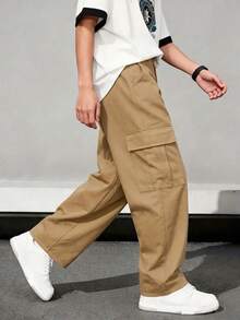 1pc Teen Boy Casual Loose Fit Straight Leg Cargo Pants With Big Pockets, American Design - Khaki - View 4