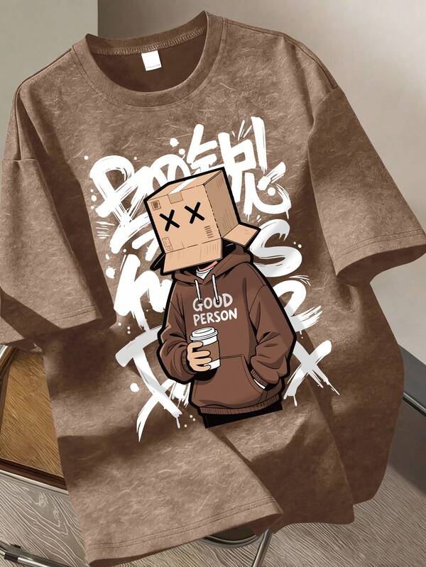 Boys' Washed Gray Cartoon T-Shirt, Frame Portrait & Graffiti Print, Loose Fit Vintage Graphics Tee