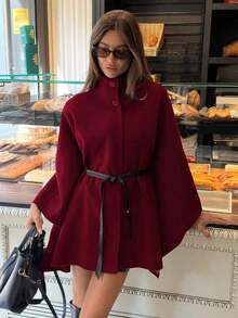 Abrigo de lana con cuello alto, mangas de murciélago, cintura ceñida para mujer en otoño/invierno - Burdeos - Ver 6