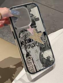 1pc Black Frame Transparent Minimalist Lens Protection Anti-Fall Anti-Collision Black & White City Leopard Print Star Fragment Pattern Phone Case, Personalized For IPhone 16 Pro Max, 17/16/15/14 Plus, 13/12/11, Air - Multicolor - View 2