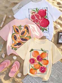 Set de 3 camisetas de manga corta con cuello redondo, de uso diario y casual, con estampado floral, simples y de moda para mujeres en verano - Blanco y albaricoque y rosa - Ver 10