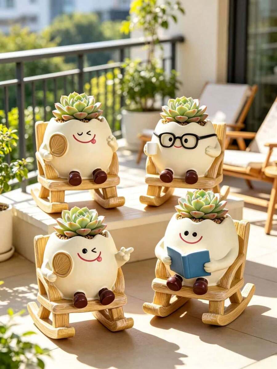 1pc Cute Egg-Shaped Succulent Planter With Rocking Chair, Resin Smiling Face Plant Pot, Funny Cartoon Flower Pot Suitable For Indoor Home, Balcony, Desktop Decoration, Gardening Gift - Multiple Styles - View 1