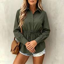 Plus Size Women's Long Sleeve Woven Blouse, Button Front, Regular Sleeve, Shirt Collar, Drawstring Waist, Solid Color Front Button Pockets, Suitable For Office Spring - Green - View 5