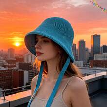 1 Piece Of Women's Crochet Bucket Hat, Fashionable Neck Strap Fisherman Hat, Breathable And Lightweight Summer Beach Travel Hat - Beige - View 5