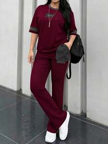 2 piezas Conjunto de camiseta de manga corta de cuello redondo y pantalones sueltos de cintura elástica para mujer, uso diario casual elegante de verano en color negro - Borgoña 199 - Ver 3