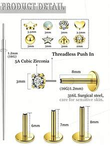 Khuyên tai không ren, mặt phẳng, cỡ 0G 18G 16G, chất liệu thép không gỉ, đính đá CZ trong suốt, kiểu bấm lỗ, thích hợp cho xỏ khuyên tai ở vành tai, xoắn tai, sụn tai, trang sức xỏ khuyên cho nữ. - Bạc - Xem 2