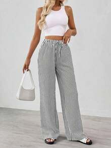 Tall Pantalones largos de mujer casuales de uso diario con estampado a rayas y estampados para primavera/verano - Negro 2 - Ver 8