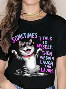 Camiseta de Verano para Mujer con Estampado Divertido y Humorístico |   100% algodón puro, cuello redondo con estampados originales - adecuado para uso casual, jardinería, combinación de colores blanco y negro, perfecto para Halloween, Navidad, Día de Acción de Gracias y como regalo de cumpleaños para hombres y mujeres. - Negro - Ver 6
