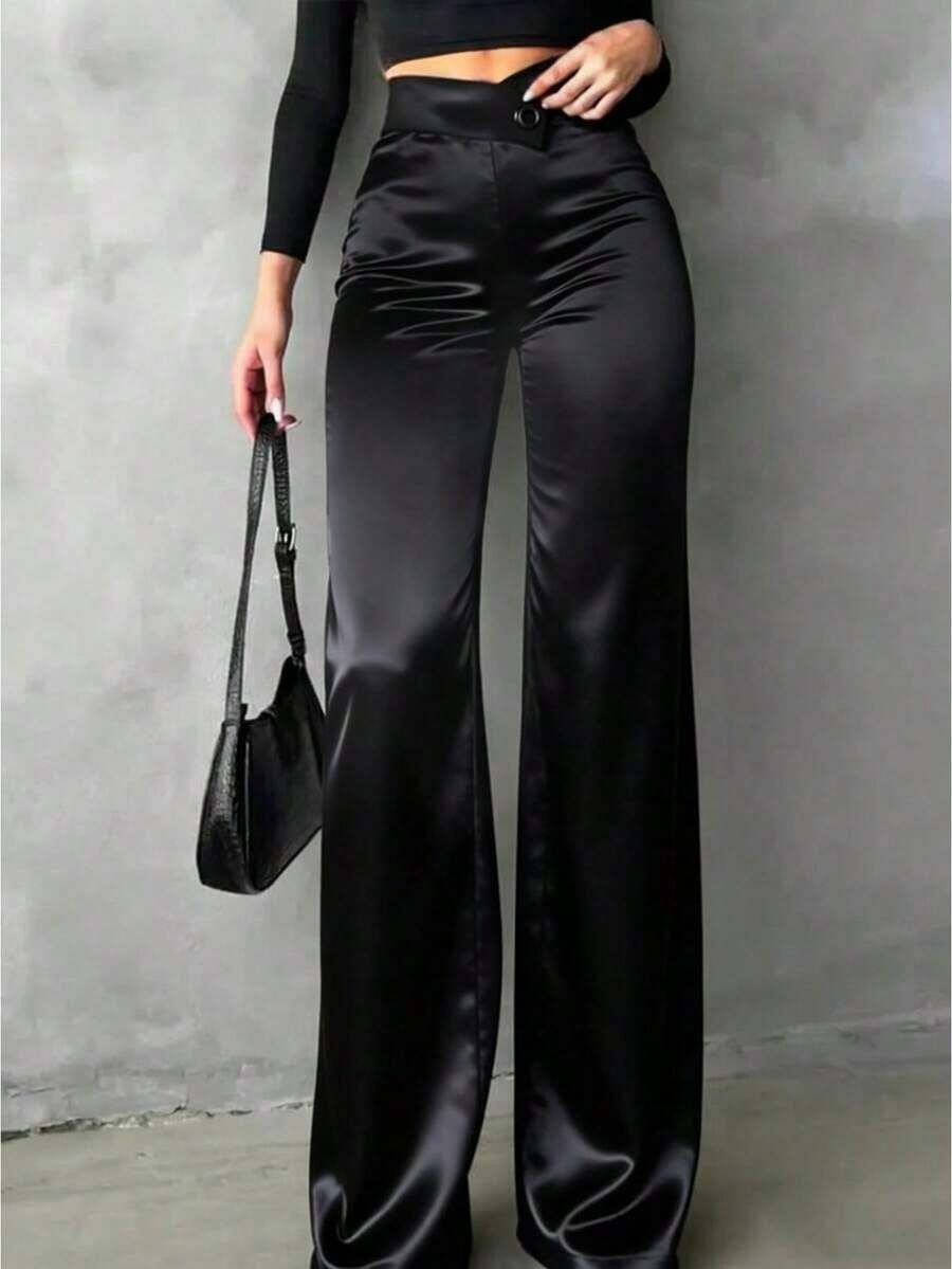Pantalones rectos de satén de cintura alta para mujer, aptos para uso diario, oficina, traslados, hogar, citas, pequeñas fiestas y eventos sociales ligeros.Color: Negro.Temporada: Primavera - Negro - Ver 1