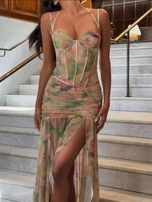 Women's Short Printed Strappy Dress - High Waist With Side Slit, Beachy Holiday Style - New Arrival Summer 2026 - 綠色 - 查看 10