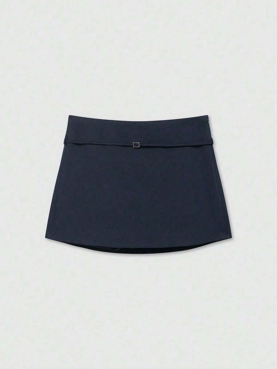 Falda pantalón negra de unicolor minimalista para uso casual, oficina y viajes, con hebilla y cinturón, para verano - Azul marino - Ver 1
