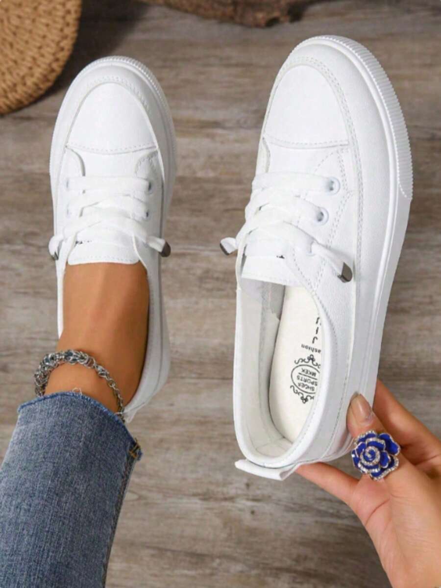 White Casual Shoes With Thick Platform, Slip-On Design For Easy Wear, Versatile, Comfortable, And In An Ins Style. They Feature Elastic Drawstrings And Are Suitable For Spring And Summer Outfits. - 白色 - 查看 1