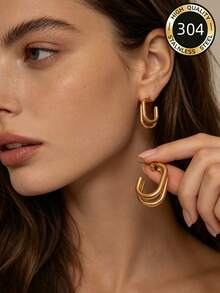 1 Pair Stainless Steel Classic Oval Earrings, Gold Tone Double Layer Earrings, Non-Fading Fashion Accessories For Women, Suitable For Dining, Party - Gold - View 7