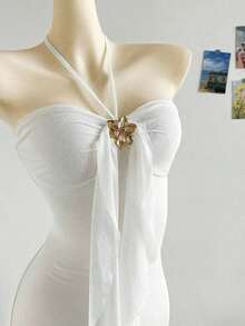 2026 Women's Romantic Gradient Mesh Knit Holiday Dress With Halter Neck, Bow And Decorative Metal Buckle, Mermaid Cut, Suitable For Parties, Dates, Afternoon Tea, Sexy And Elegant - 白色 - 查看 4