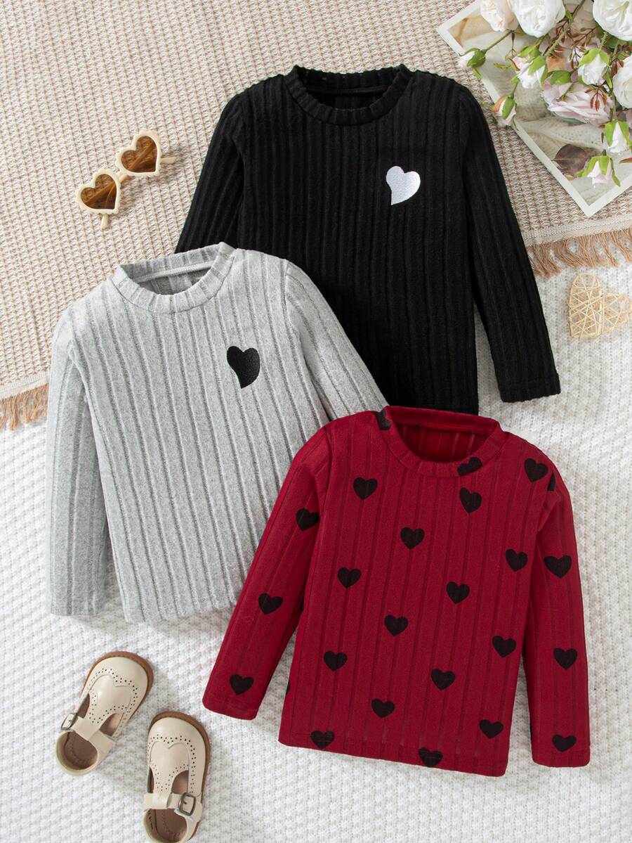 3pcs/Set Kaos Lengan Panjang Leher Bulat Motif Bordir Hati untuk Anak Perempuan, Atasan Kasual, Musim Semi & Gugur - Burgundy - View 1