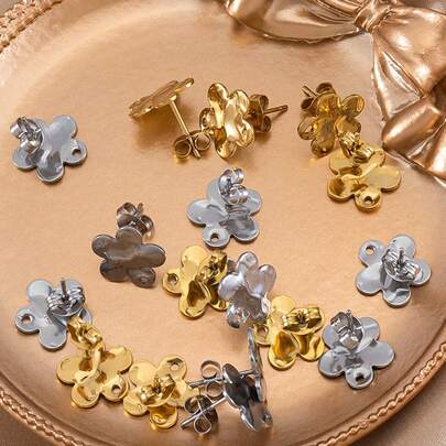 10pcs Fashionable Elegant Stainless Steel Flower Shaped Earring Studs, Gold Vintage Embossed Texture, Suitable For DIY Earring Making