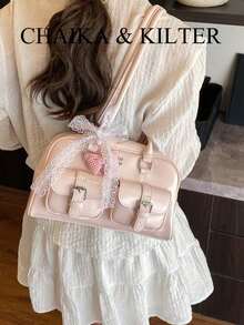 1pc CHAIKA & KILTER Women Solid Glossy PU Leather Shoulder Bag, Fashion Multi-Pocket Large Capacity Bowling Bag With Zipper Closure, Suitable Daily And Outdoor Use (Comes With Pendant), Fashionable Bow Purse Women, Street & Japanese Bag Women , Y2k - 粉色 - 查看 7