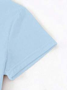 Camiseta de manga corta de cuello redondo de unicolor para uso diario casual de mujer - Azul - Ver 3