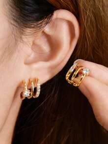 ConiiW Une paire de boucles d'oreilles géométriques semi-ouvertes à trois brins en argent sterling 925 avec moissanite, unisexes, parfaites comme cadeau pour votre petite amie, pour les fêtes ou les rendez-vous - Doré - Voir 4