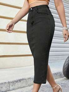 Falda vaquera de talle medio con abertura lateral y bolsillo, de unicolor y elegante, de longitud media, adecuada para uso casual diario en primavera - Negro - Ver 3