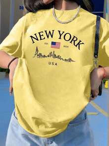 Women's Short-Sleeved T-Shirt With A Round Neck And Simple Slogan Print, Casual Summer Style, Loose Fit, Ideal For Everyday Wear And Holidays. Women's T-Shirt. - 黃色 - 查看 9