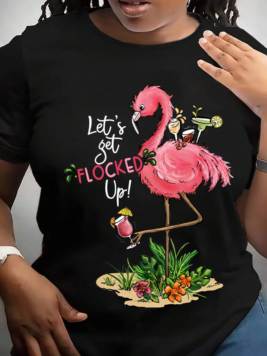 Loose And Soft Summer T-Shirt With Flamingo Print Holding A Drink 2026 - 黑色 - 查看 1