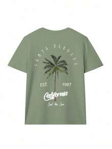 Compatible With Women's Holiday-Style Short-Sleeved T-Shirts, With Round Neck, Palm Tree Print And Lettering, In White, Pink And Black For Summer. - Grass Green - View 3