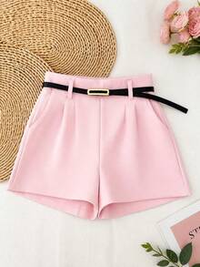 Women's Tailored High-Waisted Shorts + Belt With Gold Buckle - 淺粉色 - 查看 4