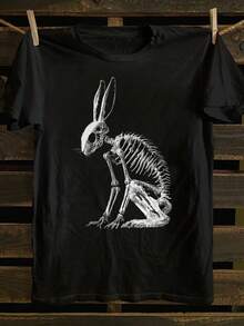 Camiseta de manga corta con cuello redondo y estampado de calaveras y conejos, tela cómoda y transpirable, estilo casual deportivo, camiseta de algodón para hombre, ropa urbana, regalo de cumpleaños, regalo para las fiestas. - Negro - Ver 7