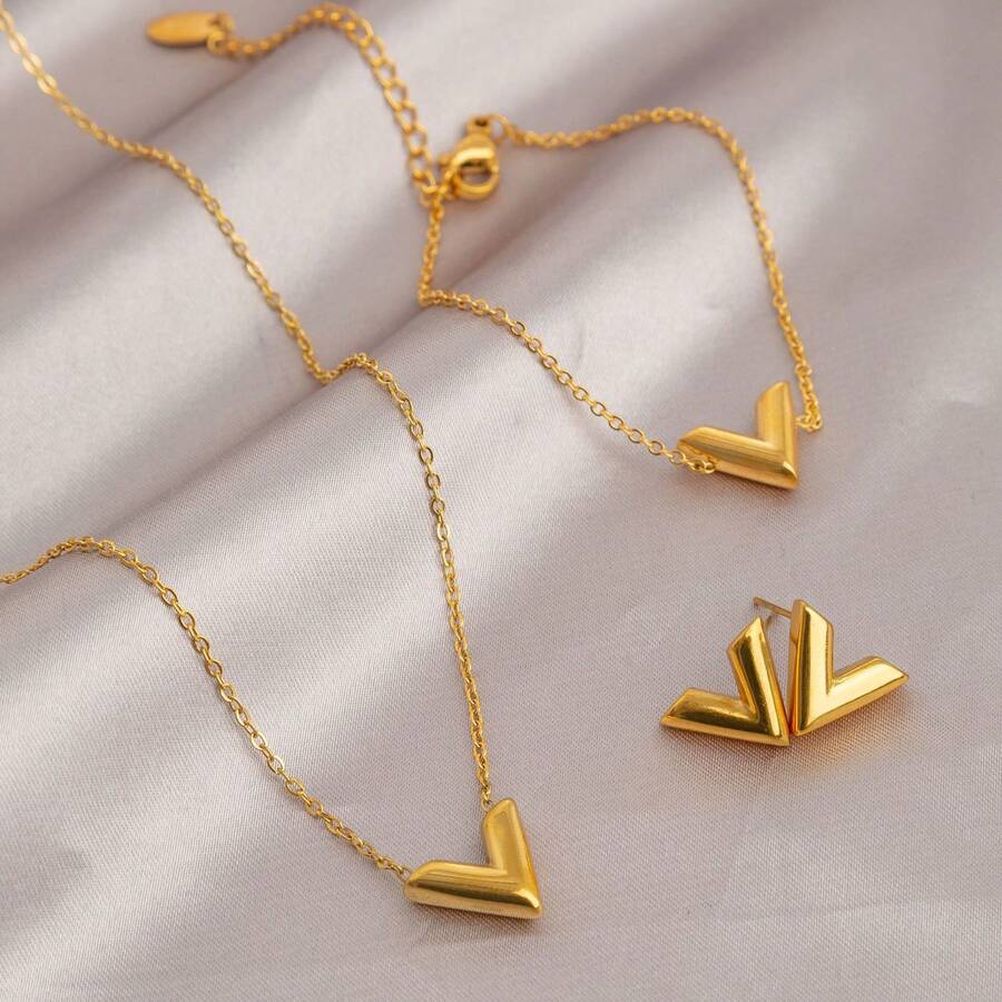 Bộ trang sức gồm 1 dây chuyền hình chữ V tối giản mạ vàng, vòng cổ choker sang trọng tinh tế, vòng tay và bông tai dành cho nữ. - dây chuyền vàng - Xem 1