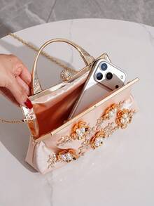 Floral Wristlet Clutch Bag, Party Elegant Handbag, European And American Style Chic Purse, Large Capacity Women's Bag, Formal Dress Bag, Fashion Lady Bag - Champagne - View 10