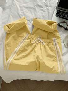 QBGN  Pantalones de chándal casuales y holgados con cintura elástica y rayas laterales marrones para mujer - Amarillo - Ver 7