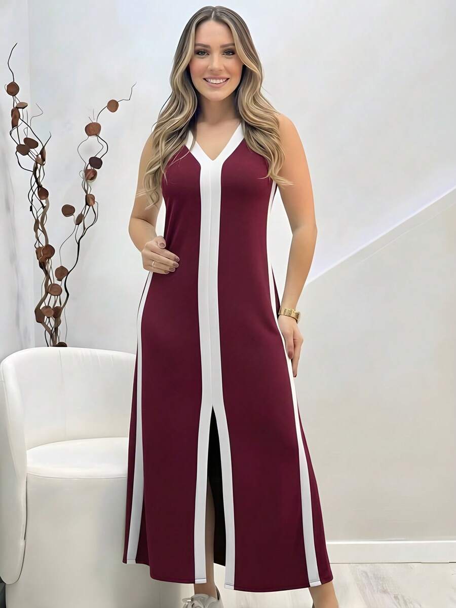 Long Knit Dress With V-Neck, Tank Top, Two-Tone Stripes And Slit, Comfortable, Loose Fit, Elegant Dress. - 酒紅色 - 查看 1