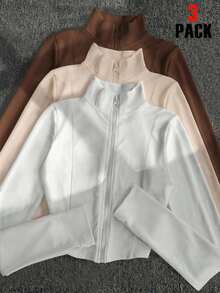 3 piezas Chaqueta casual con cremallera para mujer, blanco, café, albaricoque, ajuste delgado de manga larga y peso ligero, adecuada para deportes al aire libre, viajes, regalo - Multicolor 6 - Ver 1
