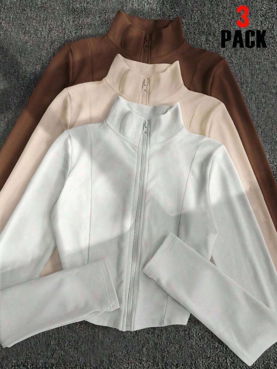 3 piezas Chaqueta casual con cremallera para mujer, blanco, café, albaricoque, ajuste delgado de manga larga y peso ligero, adecuada para deportes al aire libre, viajes, regalo - Multicolor 6 - Ver 1