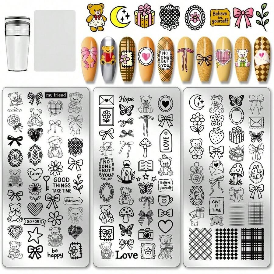 PH PandaHall 3 piezas Placas de Estampado de Uñas de Insectos y Plantas, Plantillas de Arte de Uñas con Flores y Hojas, Plantillas de Arte de Uñas con Abejas y Libélulas para Manicuras de Mujeres enApto para 10 personas - Retrato de dama retro - Ver 1