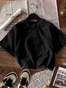 Camisetas de manga corta para mujer, talla grande, cuello redondo, estampado de letras, casual, versátil, para uso diario, manga corta, 100% algodón. - Negro - Ver 2